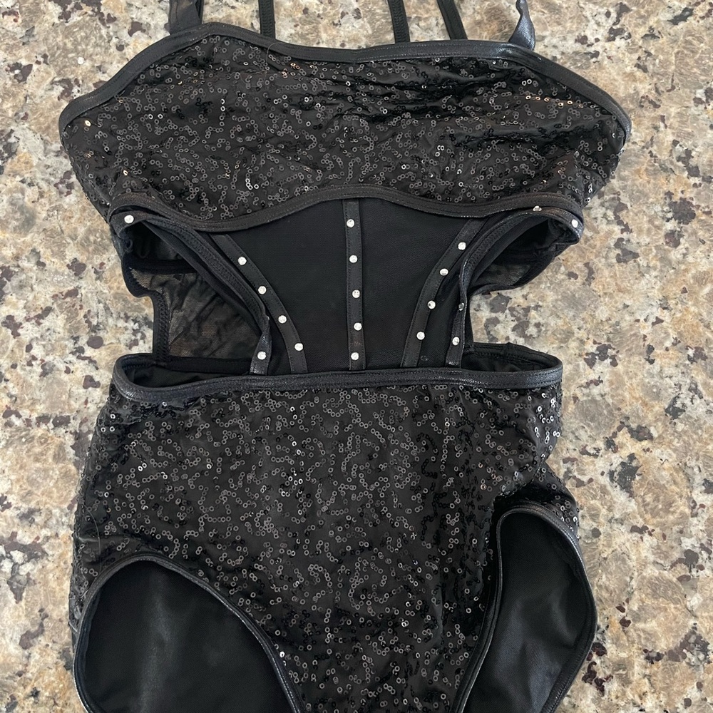 Balera Black Bodysuit with Lacy Texture and Silver Studs